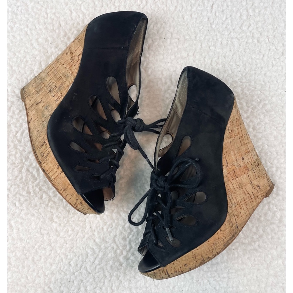 HINGE • Lea Black Suede Leather Lace-Up Cork Sandal Wedges, 8 - Picture 12 of 16